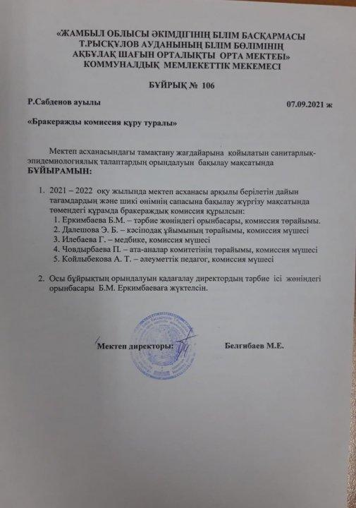 Бракераж комиссиясын құру туралы бұйрық